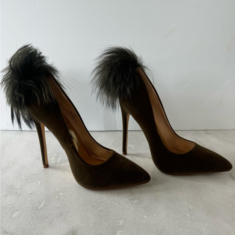 Olive green sued pump with fur embellishment- Size 8